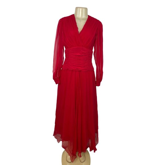 Vintage Red Long-Sleeve Chiffon Dress With Pleated Wrap Bodice Sz 10 - Picture 1 of 10